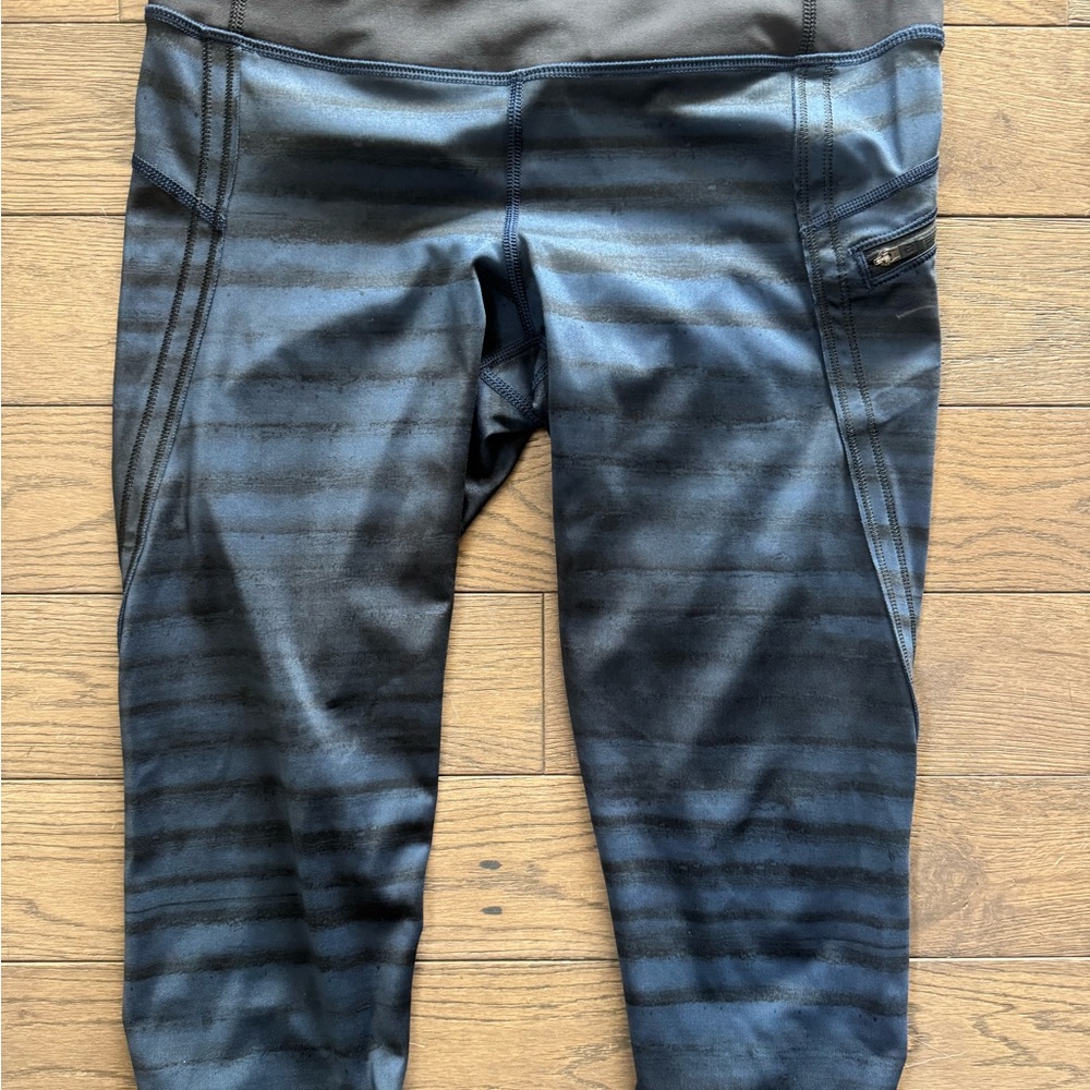 Navy and Black Lululemon Capri Leggings with Wide Waistband and Side Zip Pocket